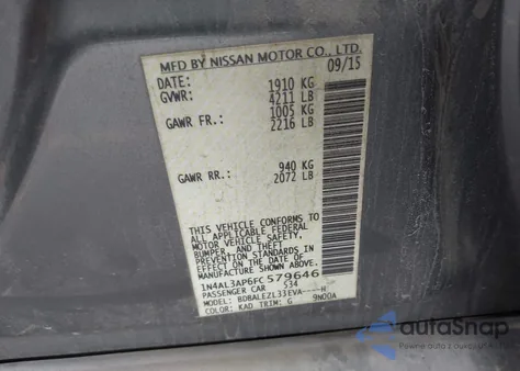 2015 Nissan Altima 2.5 S z USA, uszkodzony, nr VIN 1N4AL3AP6FC579646